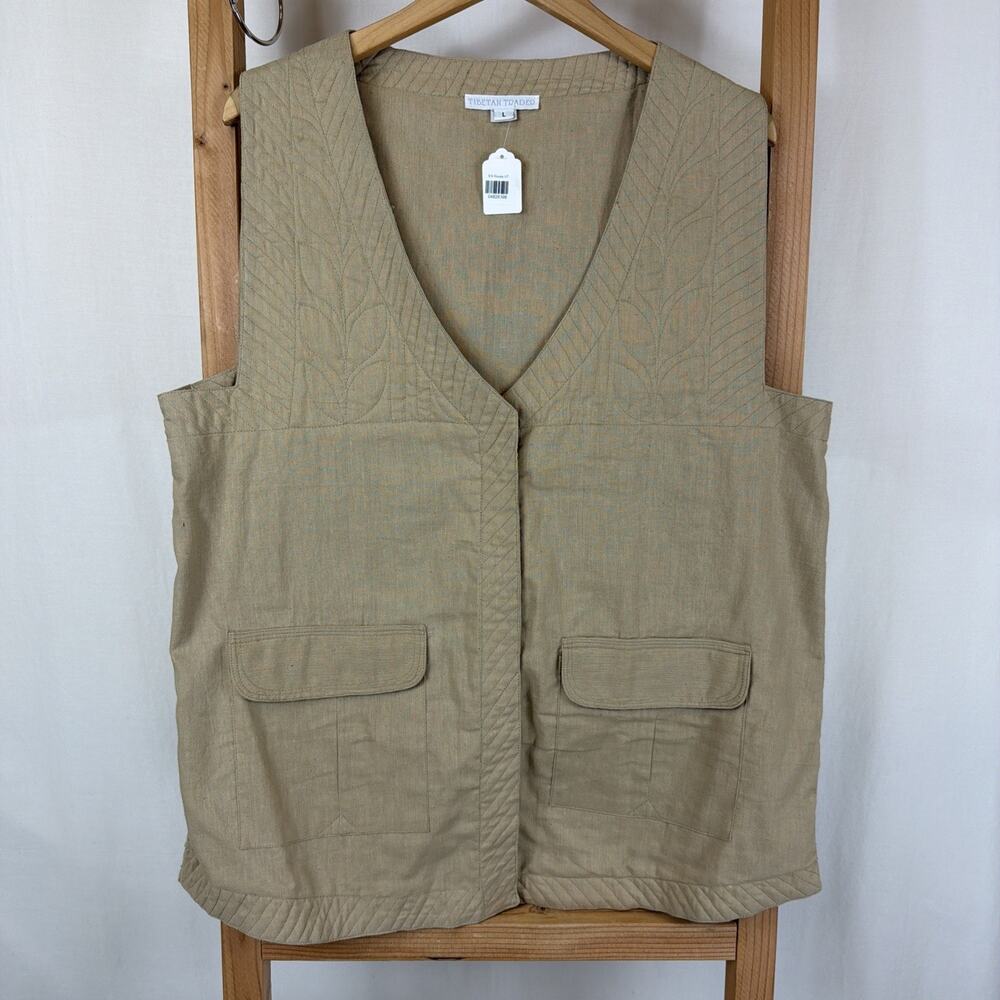 Tibetan Trader Tan Button Up Pockets Quilted Long Vest #1225 Size LG
